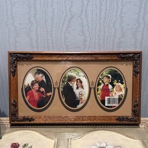 Vintage Triple Oval Wooden Photo Frame Carved Details Antique Style NEW